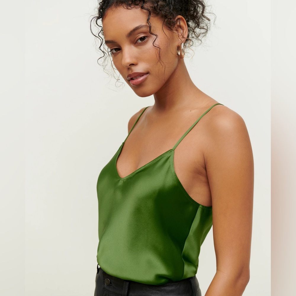 Reformation Teddy Silk Top in Palm Green, XL